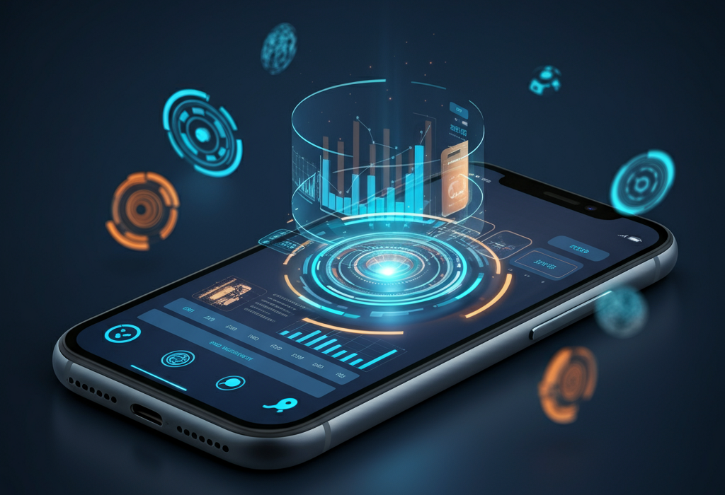 Futuristic digital marketing concept with smartphone and analytics dashboard.