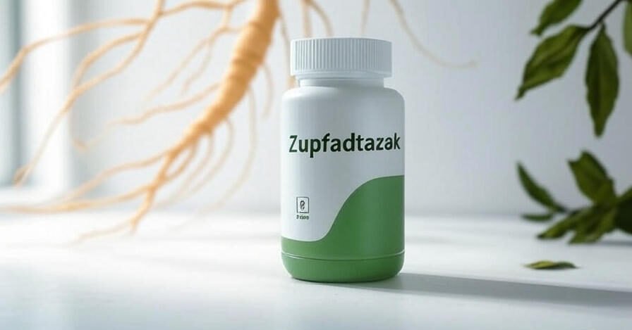 Zupfadtazak supplement bottle with ginseng and green tea background