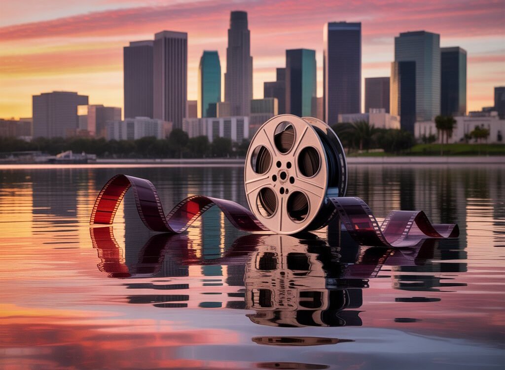 Film reel, LA skyline, campus arch