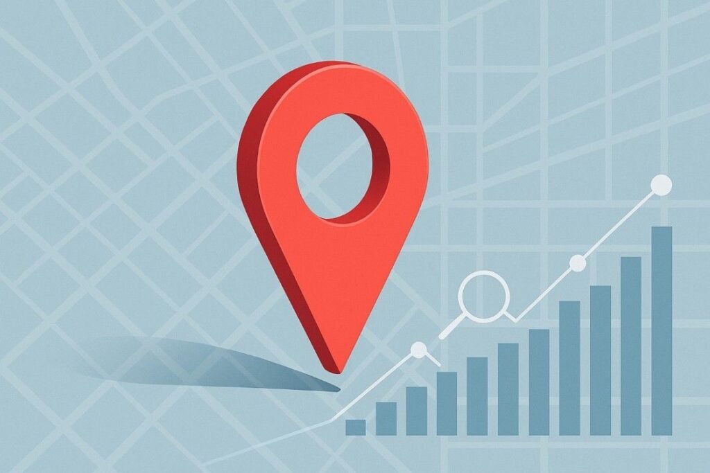 Red map pin with rising analytics chart