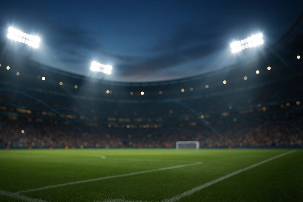 Stadium lights over green pitch